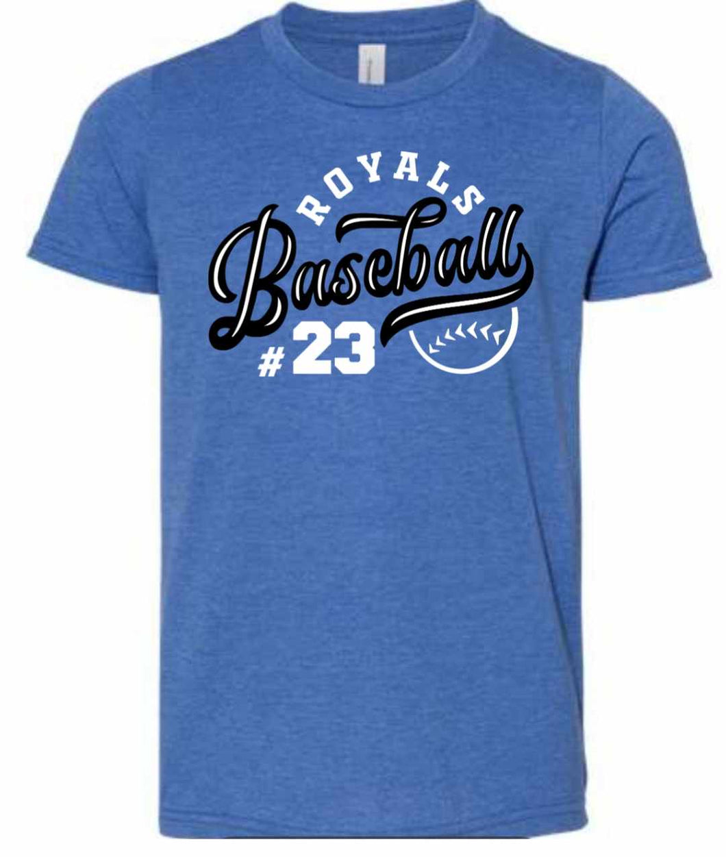 Bella+Canvas YOUTH tee with Royals Baseball design & customizable player number